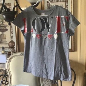 36 Kids shirt Gray black red sparkles [8]  LOVE on the front with hearts…